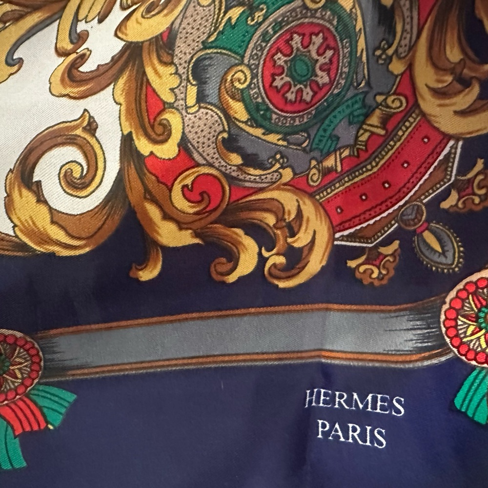 Hermes Scarf with Red, Blue, and Gold Design - Picture 4 of 5